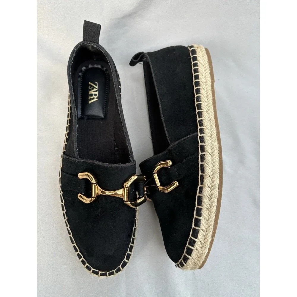 Zara Black Swede  Espadrille Flats with Gold Buckle 39